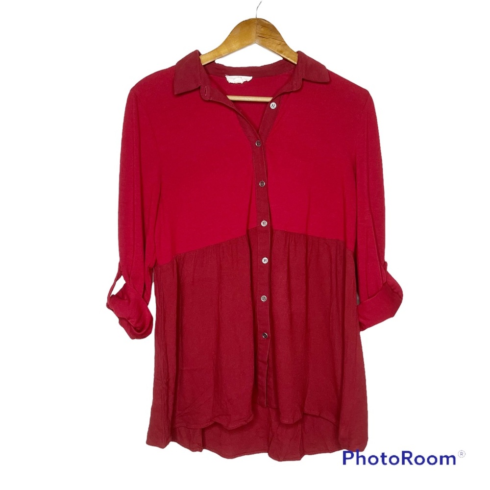 Entro Women Red Mixed Media Button Down Tunic Roll Tab Sleeve Top Small